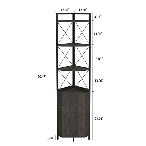 MIERES 5-Tier Standing Corner Shelf with Storage, Tall Ladder Corner Cabinet Bookshelf Bookcase with Door and Shelves, Rustic Display Plant Stand for Living Room, Bedroom, Home Office, Kitchen, Grey