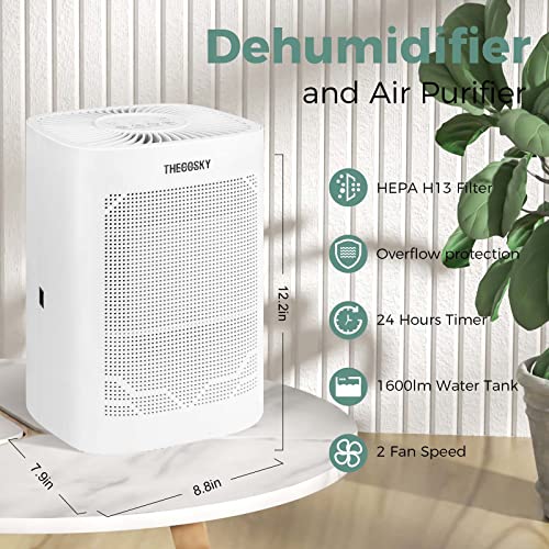 Dehumidifier and Air Purifier Combo,420 sq ft,Air Purifier HEPA H13 Filter,Touch Control,24hrs Auto-Off Timer,54oz Water Tank with Drain Hose for Bedroom Basement,Living Room,Bathroom,RV,Garage
