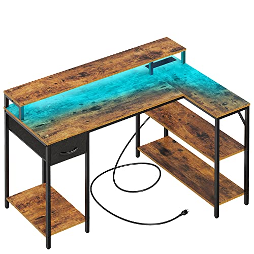 SUPERJARE L Shaped Gaming Desk with LED Lights & Power Outlets, Reversible Computer Desk with Shelves & Drawer, Corner Desk Home Office Desk, Rustic Brown