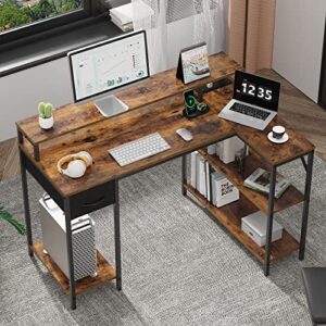 SUPERJARE L Shaped Gaming Desk with LED Lights & Power Outlets, Reversible Computer Desk with Shelves & Drawer, Corner Desk Home Office Desk, Rustic Brown