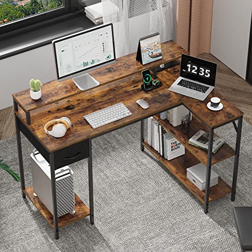 SUPERJARE L Shaped Gaming Desk with LED Lights & Power Outlets, Reversible Computer Desk with Shelves & Drawer, Corner Desk Home Office Desk, Rustic Brown