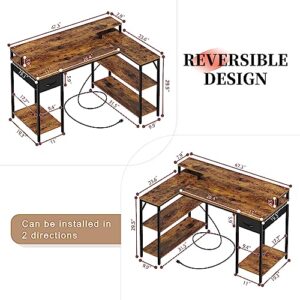 SUPERJARE L Shaped Gaming Desk with LED Lights & Power Outlets, Reversible Computer Desk with Shelves & Drawer, Corner Desk Home Office Desk, Rustic Brown