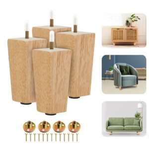 yes4all 4.5 inches square wood furniture legs set of 4 - wooden replacement feet for couch, bed, bench - adjustable sofa, ottomans tapered leg with leveler - nature rubber wood parts for table, chair