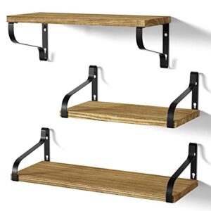 love-kankei floating shelves wall mounted set of 3, large wood wall shelves for storage, rustic shelves for display bathroom,bedroom,living room,kitchen,office and more carbonized black