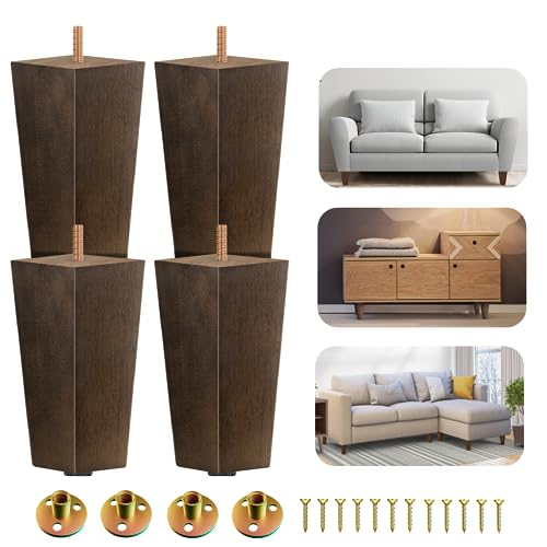 Yes4All 6 Inches Square Wood Furniture Legs Set of 4 - Wooden Replacement Feet for Couch, Bed, Bench - Adjustable Sofa, Ottomans Tapered Leg with Leveler - Brown Rubber Wood Parts for Table, Chair