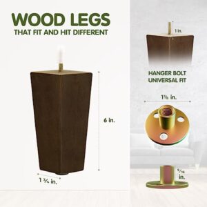 Yes4All 6 Inches Square Wood Furniture Legs Set of 4 - Wooden Replacement Feet for Couch, Bed, Bench - Adjustable Sofa, Ottomans Tapered Leg with Leveler - Brown Rubber Wood Parts for Table, Chair