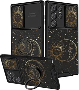 goocrux (2in1 for samsung galaxy s22 ultra case sun moon stars for women girls cute phone cover fashion golden star print pattern design with slide camera cover+ring holder cases for s22 ultra 6.8''