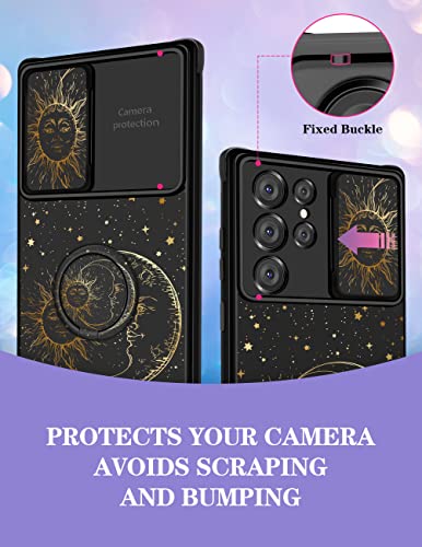 Goocrux (2in1 for Samsung Galaxy S22 Ultra Case Sun Moon Stars for Women Girls Cute Phone Cover Fashion Golden Star Print Pattern Design with Slide Camera Cover+Ring Holder Cases for S22 Ultra 6.8''