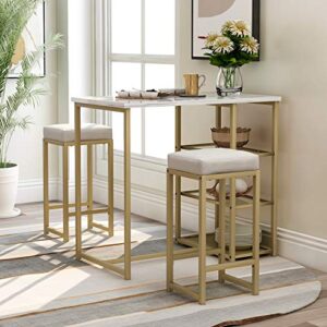 siyahome table & chair 3-piece modern, artificial dining table set with faux marble countertop and bar stools and 2 eextra thick cushions for cafe, pub, club, white + gold