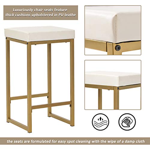 SIYAHOME Table & Chair 3-Piece Modern, Artificial Dining Table Set with Faux Marble Countertop and Bar Stools and 2 Eextra Thick Cushions for Cafe, Pub, Club, White + Gold