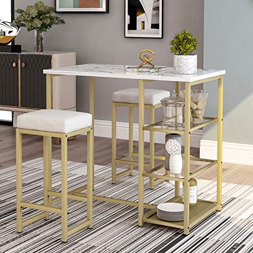 SIYAHOME Table & Chair 3-Piece Modern, Artificial Dining Table Set with Faux Marble Countertop and Bar Stools and 2 Eextra Thick Cushions for Cafe, Pub, Club, White + Gold