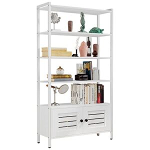 ironck bookshelf and bookcase with 2 louvered doors and 4 shelves, standing storage cabinet for living room, home office, bedroom, washroom, white