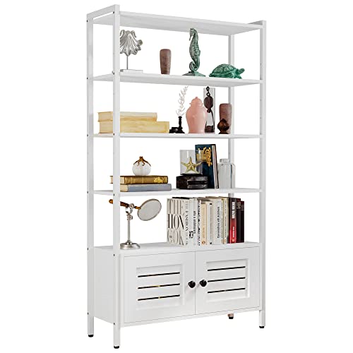 IRONCK Bookshelf and Bookcase with 2 Louvered Doors and 4 Shelves, Standing Storage Cabinet for Living Room, Home Office, Bedroom, Washroom, White