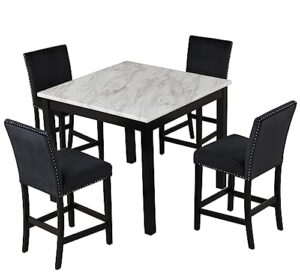 dhhu 5 piece furniture, counter height set, square 1 faux marble dining table and 4 upholstered-seat chairs, black+white