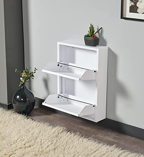 Alveon Flip Drawer Shoe Cabinet, Storage Organizer, Freestanding Shoe Rack, Wall Mounted No-Assembly (White, 2 Drawer)