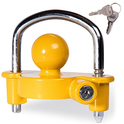 VaygWay Trailer Coupler Lock - Premium Quality Yellow Universal Anti-Theft Adjustable Storage Security Heavy-Duty Steel Trailer Ball Lock, Security Towing Lock Trailer, Boat -Fits 1-7/8",2”, 2-5/16"