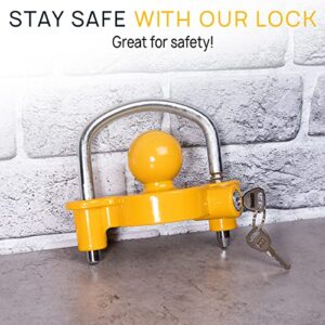 VaygWay Trailer Coupler Lock - Premium Quality Yellow Universal Anti-Theft Adjustable Storage Security Heavy-Duty Steel Trailer Ball Lock, Security Towing Lock Trailer, Boat -Fits 1-7/8",2”, 2-5/16"