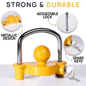 VaygWay Trailer Coupler Lock - Premium Quality Yellow Universal Anti-Theft Adjustable Storage Security Heavy-Duty Steel Trailer Ball Lock, Security Towing Lock Trailer, Boat -Fits 1-7/8",2”, 2-5/16"