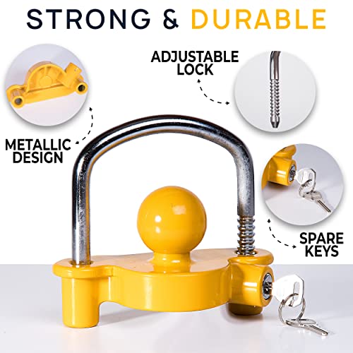 VaygWay Trailer Coupler Lock - Premium Quality Yellow Universal Anti-Theft Adjustable Storage Security Heavy-Duty Steel Trailer Ball Lock, Security Towing Lock Trailer, Boat -Fits 1-7/8",2”, 2-5/16"