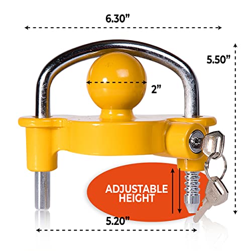 VaygWay Trailer Coupler Lock - Premium Quality Yellow Universal Anti-Theft Adjustable Storage Security Heavy-Duty Steel Trailer Ball Lock, Security Towing Lock Trailer, Boat -Fits 1-7/8",2”, 2-5/16"