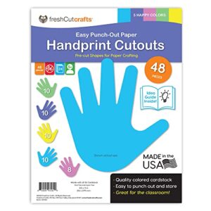 freshcut crafts | 48 piece handprint happy cutouts with idea guide, us made 2-sided brightly colored card stock punch out handprint paper accents for bulletin boards, classroom décor, back to school