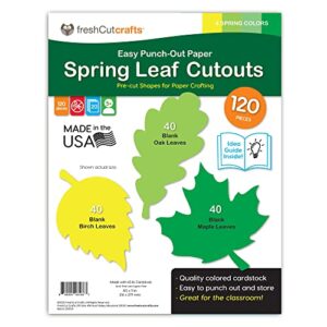 freshcut crafts | 120 pieces spring leaf paper cutouts with idea guide, 2-sided us made card stock punch out maple oak birch leaves for bulletin boards, classroom decor, and posters