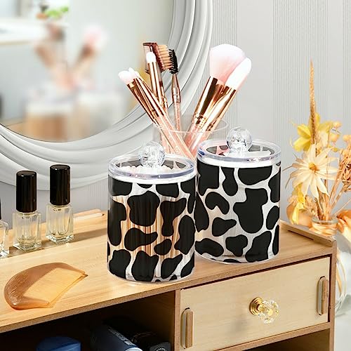 Sletend 2 Pack Plastic Qtips Holder Cow Print Bathroom Organizer Canisters for Cotton Balls/Swabs/Pads/Floss,Plastic Apothecary Jars for Vanity