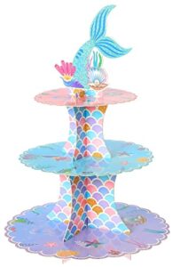creatyi cupcake stand 3 tier round mermaid cupcake stand unique cupcake holder cupcake tower display perfect for birthday baby shower new year and christmas party supplies (mermaid, 1 pcs)