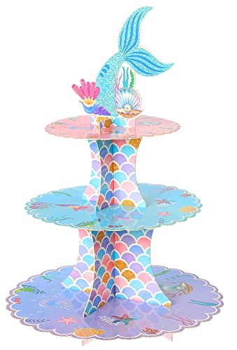 Creatyi Cupcake Stand 3 Tier Round Mermaid Cupcake Stand Unique Cupcake Holder Cupcake Tower Display Perfect for Birthday Baby Shower New Year and Christmas Party Supplies (Mermaid, 1 PCS)