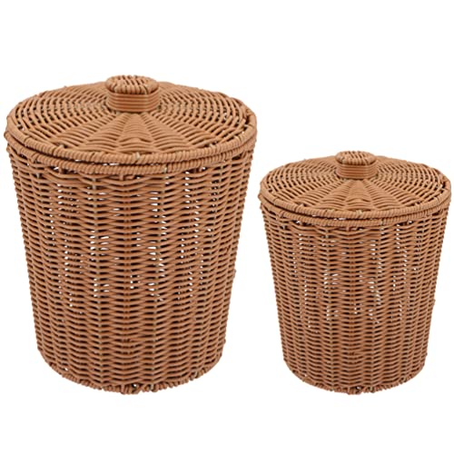 GANAZONO 2pcs Wicker Waste Basket with Lid Small Woven Trash Can Garbage Bin Rattan Flower Pots Storage Basket Laundry Container for Home Office