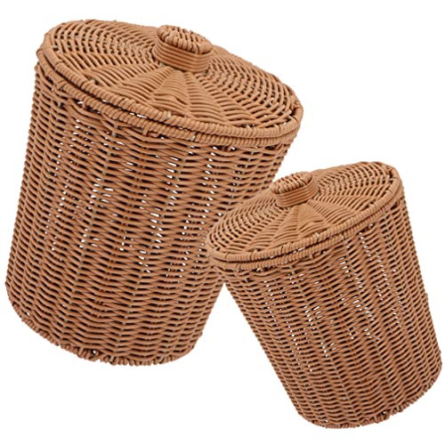 GANAZONO 2pcs Wicker Waste Basket with Lid Small Woven Trash Can Garbage Bin Rattan Flower Pots Storage Basket Laundry Container for Home Office