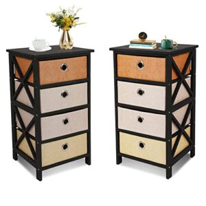 nightstands set of 2, with 4 drawers, wood nightstand, contrasting colors fabric drawers, easy assembly bedside tables for bedroom, college dorm, sturdy black wood frame, wood top, easy pull handle.