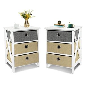 nightstands set of 2, with 3 drawers, wood nightstand, contrasting colors fabric drawers, easy assembly bedside tables for bedroom, college dorm, sturdy whitewood frame, wood top, easy pull handle.