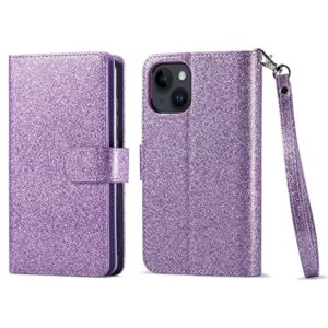 Varikke iPhone 14 Wallet Case for Women - 6.1" Light Purple Glitter PU Leather, Card Holder, Detachable Magnetic Case & Strap