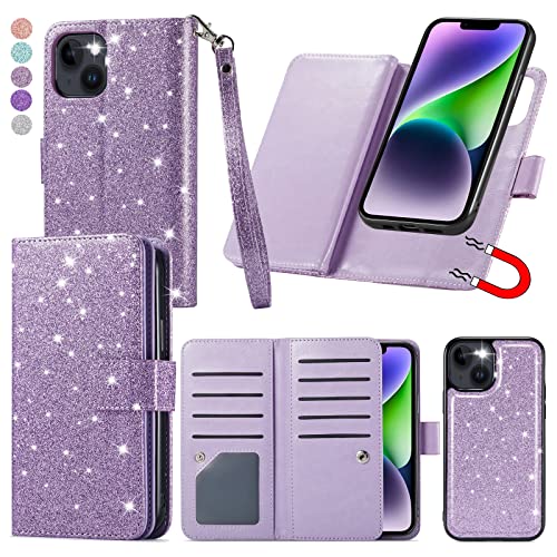 Varikke iPhone 14 Wallet Case for Women - 6.1" Light Purple Glitter PU Leather, Card Holder, Detachable Magnetic Case & Strap