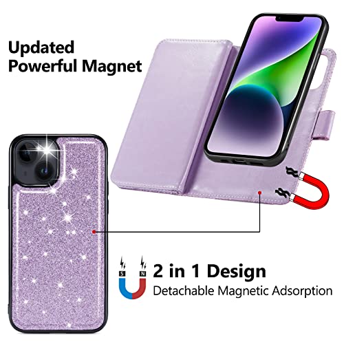 Varikke iPhone 14 Wallet Case for Women - 6.1" Light Purple Glitter PU Leather, Card Holder, Detachable Magnetic Case & Strap