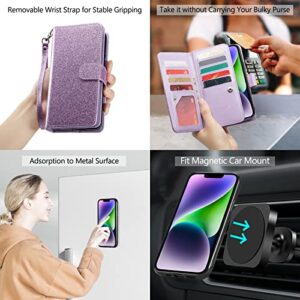 Varikke iPhone 14 Wallet Case for Women - 6.1" Light Purple Glitter PU Leather, Card Holder, Detachable Magnetic Case & Strap