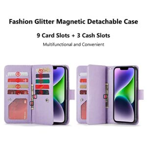 Varikke iPhone 14 Wallet Case for Women - 6.1" Light Purple Glitter PU Leather, Card Holder, Detachable Magnetic Case & Strap