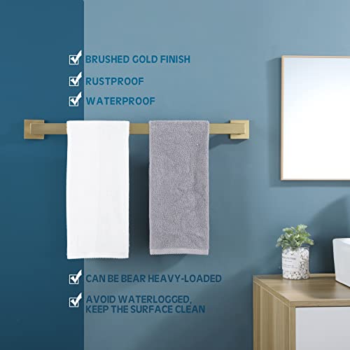 KOKOSIRI 20-Inch Single Towel Bar, Bathroom Towel Holder, Bath Towel Hook Square Robe Hook Coat Hook, Wall Mounted, SUS 304 Stainless Steel, Brushed Gold, B05A3-BG-L20