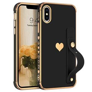 VENINGO iPhone X Case, iPhone Xs Case, Slim Fit Plating Heart Soft TPU with Adjustable Wristband Kickstand Scratch Resistant Shockproof Protective Phone Cover for Apple iPhone X/XS 5.8", Black/Golden