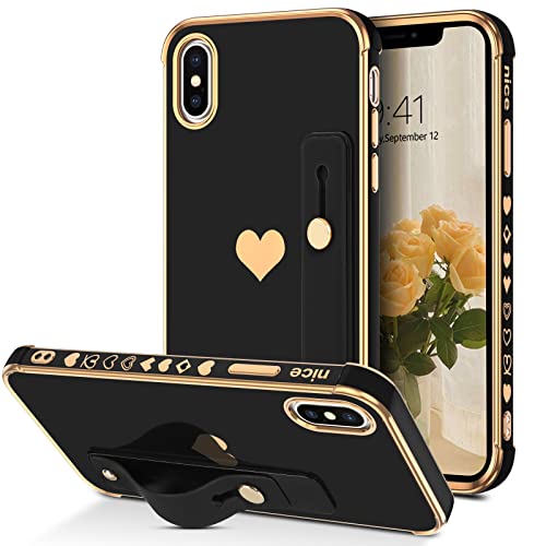 VENINGO iPhone X Case, iPhone Xs Case, Slim Fit Plating Heart Soft TPU with Adjustable Wristband Kickstand Scratch Resistant Shockproof Protective Phone Cover for Apple iPhone X/XS 5.8", Black/Golden