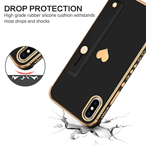 VENINGO iPhone X Case, iPhone Xs Case, Slim Fit Plating Heart Soft TPU with Adjustable Wristband Kickstand Scratch Resistant Shockproof Protective Phone Cover for Apple iPhone X/XS 5.8", Black/Golden