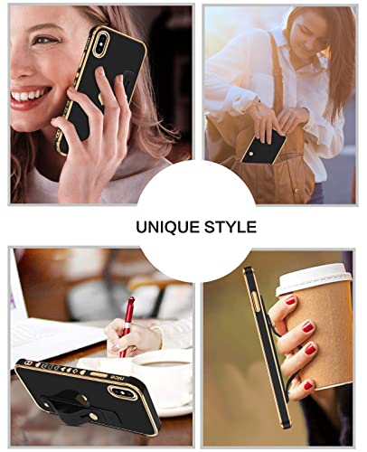 VENINGO iPhone X Case, iPhone Xs Case, Slim Fit Plating Heart Soft TPU with Adjustable Wristband Kickstand Scratch Resistant Shockproof Protective Phone Cover for Apple iPhone X/XS 5.8", Black/Golden