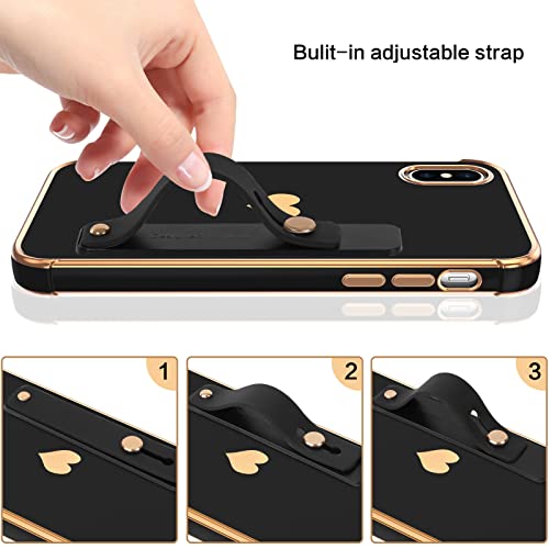 VENINGO iPhone X Case, iPhone Xs Case, Slim Fit Plating Heart Soft TPU with Adjustable Wristband Kickstand Scratch Resistant Shockproof Protective Phone Cover for Apple iPhone X/XS 5.8", Black/Golden