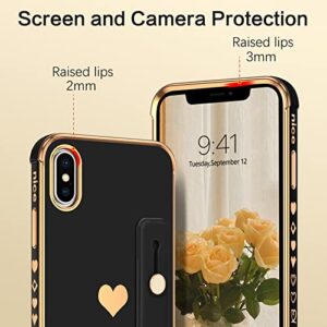 VENINGO iPhone X Case, iPhone Xs Case, Slim Fit Plating Heart Soft TPU with Adjustable Wristband Kickstand Scratch Resistant Shockproof Protective Phone Cover for Apple iPhone X/XS 5.8", Black/Golden