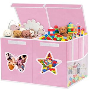 toy box for girls-large toy chest organizers and storage with star butterfly transparent windows,double flip-top lids,2 sturdy lengthen handles and 2 mesh bags for kids,boys,nursery,play room(pink)