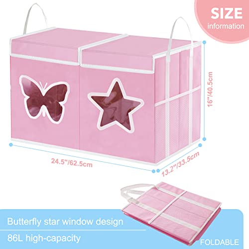 Toy Box for Girls-Large Toy Chest Organizers and Storage with Star Butterfly Transparent Windows,Double Flip-Top Lids,2 Sturdy lengthen Handles and 2 Mesh Bags for Kids,Boys,Nursery,Play Room(Pink)