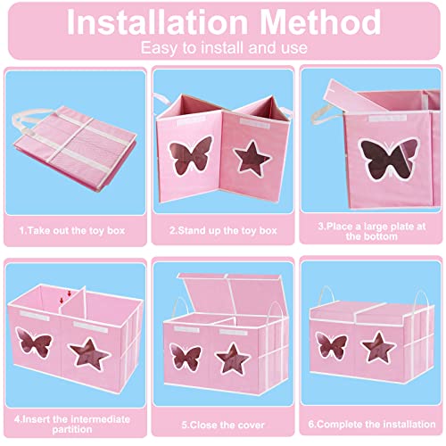 Toy Box for Girls-Large Toy Chest Organizers and Storage with Star Butterfly Transparent Windows,Double Flip-Top Lids,2 Sturdy lengthen Handles and 2 Mesh Bags for Kids,Boys,Nursery,Play Room(Pink)