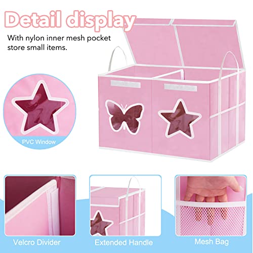 Toy Box for Girls-Large Toy Chest Organizers and Storage with Star Butterfly Transparent Windows,Double Flip-Top Lids,2 Sturdy lengthen Handles and 2 Mesh Bags for Kids,Boys,Nursery,Play Room(Pink)