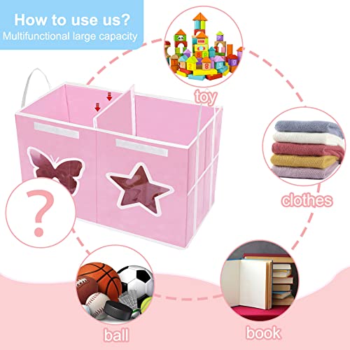 Toy Box for Girls-Large Toy Chest Organizers and Storage with Star Butterfly Transparent Windows,Double Flip-Top Lids,2 Sturdy lengthen Handles and 2 Mesh Bags for Kids,Boys,Nursery,Play Room(Pink)